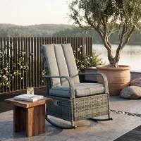 Outsunny Outdoor Wicker Rocking Chair with Cushion, Patio PE Rattan Recliner Chair with Adjustable Footrest, Armrests, Mixed Grey(m-1)