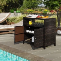 Outsunny Outdoor Storage Cabinet with Acacia Wood Top, Two Doors, Shelf, Wicker Bar Table for Pool Towel Storage, Brown(m-8)
