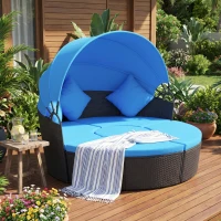 Outsunny 4-piece Outdoor Daybed with Retractable Canopy,  Wicker Outdoor Sofa with Cushions and Pillows Blue(m-1)