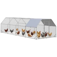 PawHut Chicken Run Outdoor, Galvanized Large Metal Chicken Coop Cage, Walk-in Enclosure Poultry Hen Run House Playpen Rabbit Hutch with Flat Roof, Cover, 9.2'x24.9'x6.5',Silver(m-2)
