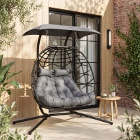 Outsunny Double Wicker Egg Swing Chair with Canopy, Foldable Hanging Egg Chair with Stand Cushion Headrest, Black(m-1)