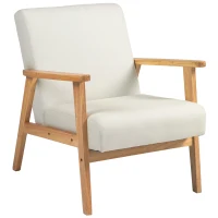 HOMCOM Mid-Century Modern Accent Chair Retro Fabric Armchair Wooden Arm Upholstered Lounge Chair for Living Room Cream White(m-7)
