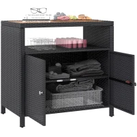 Outsunny Outdoor Storage Cabinet with Acacia Wood Top, Two Doors, Shelf, Wicker Bar Table for Pool Towel Storage, Black(m-11)