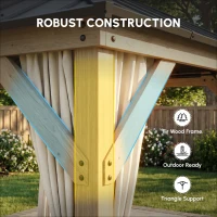 Outsunny 10 x 10 Hardtop Gazebo with Curtains, Wood Patio Gazebo with Double Steel Roof, Hook, Light Grey(m-6)
