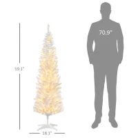HOMCOM 5ft Pencil Christmas Tree, Slim Artificial Christmas Tree with Realistic Branches and Warm White LED Lights, White(m-3)