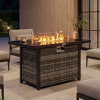 Outsunny Propane Fire Pit Table 43" Outdoor Fire Table, 50,000 BTU Pulse-Ignition Wicker Firepit Furniture with Glass Wind Guard, Blue Glass Rock, CSA Certification, Grey(m-1)