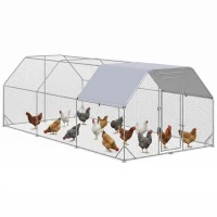 PawHut Chicken Run Outdoor, Galvanized Large Metal Chicken Coop Cage, Walk-in Enclosure Poultry Hen Run House Playpen Rabbit Hutch with Flat Roof, Cover, 9.2'x18.7'x6.5', Silver(m-2)