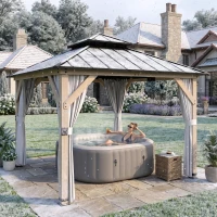 Outsunny 10 x 10 Hardtop Gazebo with Curtains, Wood Patio Gazebo with Double Steel Roof, Hook, Light Grey(m-10)