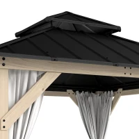 Outsunny 10 x 10 Hardtop Gazebo with Curtains, Wood Patio Gazebo with Double Steel Roof, Hook, Light Grey(m-13)