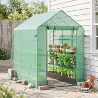 Outsunny 7' x 5' x 6' Walk-in Greenhouse for Outdoors with Mesh Door, 18 Shelf Hot House with Trellis, Plant Labels, UV Protective, Steel Frame for Growing Flowers, Herbs, Vegetables, Saplings, Green(m-10)