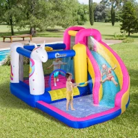 Outsunny Inflatable Water Slide Bounce House with Trampoline, Climbing Wall, Water Cannon, Basketball Hoop, Splash Pool, 450W Blower, Unicorn Themed Bouncy House for Kids 3-8 Years Old(m-12)