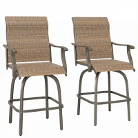 Outsunny Set of 2 Outdoor Swivel Bar Stools with Armrests, Bar Height Patio Chairs with Steel Frame for Balcony, Poolside, Backyard, Brown(m-1)