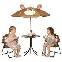 Outsunny Kids Table and Chair Set, Outdoor Folding Garden Furniture, Picnic Table for Patio Backyard, with Removable & Height Adjustable Sun Umbrella, Brown(m-1)