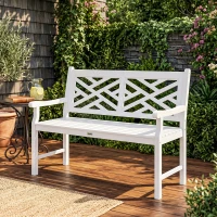Outsunny Outdoor Garden Bench, Wooden Frame Patio Bench with Geometric Pattern, 43.25 Inch Weatherproof 2-Person Love Seat for Garden, Lawn, Porch, Yard, Work Entryway, White(m-9)