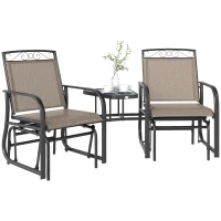 Outsunny Outdoor Glider Chairs with Coffee Table, Patio 2-Seat Rocking Chair Swing with Breathable Sling for Backyard, Garden and Porch, Brown(m-1)