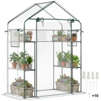 Outsunny Outdoor Walk-in Mini Greenhouse with Mesh Door & Windows, Small Portable Garden Green House with 3 Tiers 6 Shelves, Trellis, & Plant Labels(m-1)