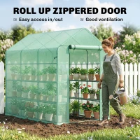 Outsunny 7' x 5' x 6' Walk-in Greenhouse for Outdoors with Mesh Door, 18 Shelf Hot House with Trellis, Plant Labels, UV Protective, Steel Frame for Growing Flowers, Herbs, Vegetables, Saplings, Green(m-5)