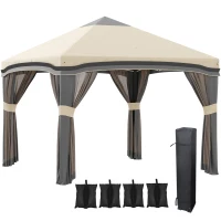 Outsunny 10' x 10' Pop Up Canopy Tent with Netting, Instant Tents for Parties, Height Adjustable, with Wheeled Carry Bag and 4 Sand Bags for Outdoor, Garden, Patio, Beige(m-1)