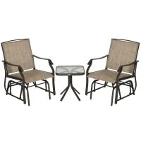 Outsunny 3 Piece Outdoor Glider Chair with Coffee Table Bistro Set, 2 Patio Rocking Swing Chairs with Breathable Sling Fabric, Glass Tabletop, for Backyard, Garden and Porch, Mixed Brown(m-11)
