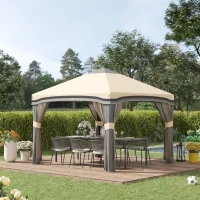 Outsunny 10' x 10' Pop Up Canopy Tent with Netting, Instant Tents for Parties, Height Adjustable, with Wheeled Carry Bag and 4 Sand Bags for Outdoor, Garden, Patio, Beige(m-10)