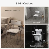 HOMCOM 3-in-1 Shower Chair with Back and Arms, Height Adjustable Bedside Commode, Raised Toilet Seat with Non-Slip Rubber Foot Pad for Seniors, Disabled, White(m-4)