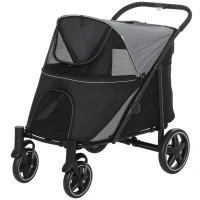 PawHut Dog Stroller for Large Medium Small Dogs up to 66 Lbs. 23.5" in Body Length, One-Click Foldable Pet Cat Stroller with Storage, Shock Absorption Wheels, Mesh Window, Safety Leash, Gray(m-13)