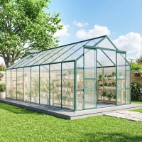Outsunny 16' x 8' Aluminum Greenhouse Polycarbonate Walk-in Garden Greenhouse Kit with Adjustable Roof Vent, Rain Gutter and Sliding Door for Winter, Clear(m-10)