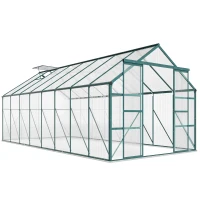 Outsunny 16' x 8' Aluminum Greenhouse Polycarbonate Walk-in Garden Greenhouse Kit with Adjustable Roof Vent, Rain Gutter and Sliding Door for Winter, Clear(m-1)