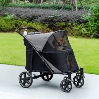 PawHut Dog Stroller for Large Medium Small Dogs up to 66 Lbs. 23.5" in Body Length, One-Click Foldable Pet Cat Stroller with Storage, Shock Absorption Wheels, Mesh Window, Safety Leash, Gray(m-12)