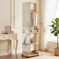 HOMCOM 15" x 62" Full Length Mirror, Tempered Glass Floor Mirror on Wheels with Storage Shelves, Coat Hangers, Natural Wood(m-1)