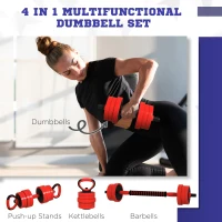 Soozier 66lbs 4-in-1 Adjustable Weight Dumbbell Set, Barbell, Kettlebell, Push Up Stand, Red(m-4)