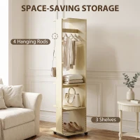 HOMCOM 15" x 62" Full Length Mirror, Tempered Glass Floor Mirror on Wheels with Storage Shelves, Coat Hangers, Natural Wood(m-5)