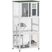 PawHut 74" Wooden Outdoor Cat House Weatherproof & Wheeled with High Weight Capacity, Kitten Cage Condo, White(m-11)