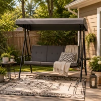 Outsunny 3-Seat Outdoor Porch Swing Patio Swing with Adjustable Canopy, Side Tray, Removable Cushion for Garden, Poolside, Grey(m-1)