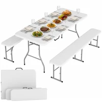 Outsunny 6FT 3-Piece Portable Outdoor Camping Table Bench Set with Carrying Handles, Folding Picnic Table with 2 Benches, White(m-9)