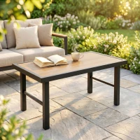 Outsunny Outdoor Side Table with SPC Woodgrain Tabletop, Metal Patio Coffee Table for Outside Garden, Brown(m-8)