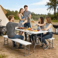Outsunny 6FT 3-Piece Portable Outdoor Camping Table Bench Set with Carrying Handles, Folding Picnic Table with 2 Benches, White(m-1)