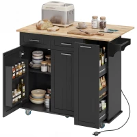 HOMCOM Kitchen Island on Wheels with Wood Drop Leaf, Charging Station, Rolling Kitchen Cart with Adjustable Shelf, Black(m-9)