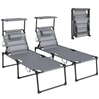 Outsunny 2 Pcs Outdoor Lounge Chair, 4 Position Adjustable Backrest, Folding, Cushioned w/ Sun Shade Roof & Pillow, Gray(m-11)