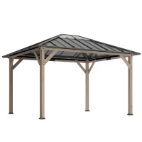 Outsunny 10' x 12' Hardtop Gazebo with Galvanized Steel Roof, UPF50+ Wood Permanent Pavilion with Clear Roof Top, Light Walnut(m-10)