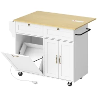 HOMCOM Kitchen Island Cart with Charging Station and Drop Leaf, Kitchen Island Table on Wheels with Trash Can Cabinet, White(m-8)