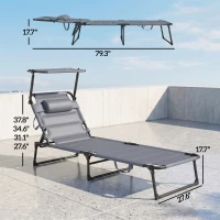 Outsunny 2 Pcs Outdoor Lounge Chair, 4 Position Adjustable Backrest, Folding, Cushioned w/ Sun Shade Roof & Pillow, Gray(m-3)