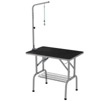 PawHut Foldable Grooming Table for Dogs with Height Adjustable Grooming Arm, Storage Shelf, Black(m-9)