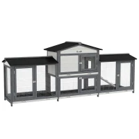 PawHut 90.5" Wooden Rabbit Hutch Bunny Cage Pet Playpen House Enclosure with Double Side Run Boxes, No Leak Tray, Ramp, for Rabbits, Chickens, Ducks, Guinea Pig and Small Animals, Light Gray(m-12)