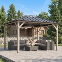 Outsunny 10' x 12' Hardtop Gazebo with Galvanized Steel Roof, UPF50+ Wood Permanent Pavilion with Clear Roof Top, Light Walnut(m-9)