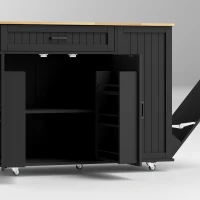 HOMCOM Kitchen Island Cart, Portable Kitchen Island Table with Charging Station, Rubber Wood Drop Leaf, Trash Storage, Black(m-11)