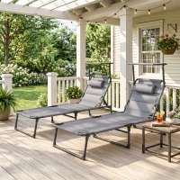 Outsunny 2 Pcs Outdoor Lounge Chair, 4 Position Adjustable Backrest, Folding, Cushioned w/ Sun Shade Roof & Pillow, Gray(m-10)