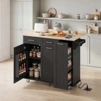 HOMCOM Kitchen Island on Wheels with Wood Drop Leaf, Charging Station, Rolling Kitchen Cart with Adjustable Shelf, Black(m-8)