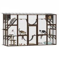 PawHut Large Outdoor Catio with Condos, Platforms, Doors, Ladders, Weather-Resistant Roof, Espresso(m-13)