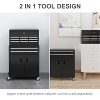 HOMCOM 6-Drawer Rolling Tool Chest, 2 in 1 Lockable Storage Cabinet with Hooks, Metal Tool Box for Garage, Workshop, Black(m-4)